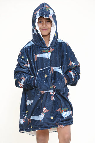 Snowy Dachshund Navy Kids Hoodie